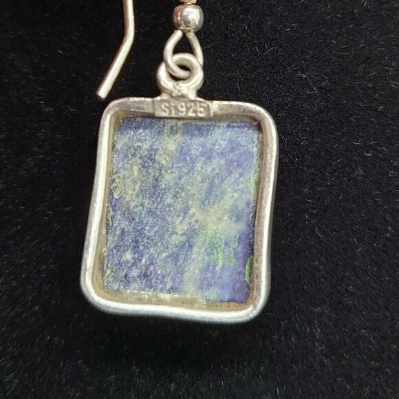 Vintage SI 925 Silver & Sodalite Drop Earrings Rectangular Estate Hook Earwires - Picture 8 of 10